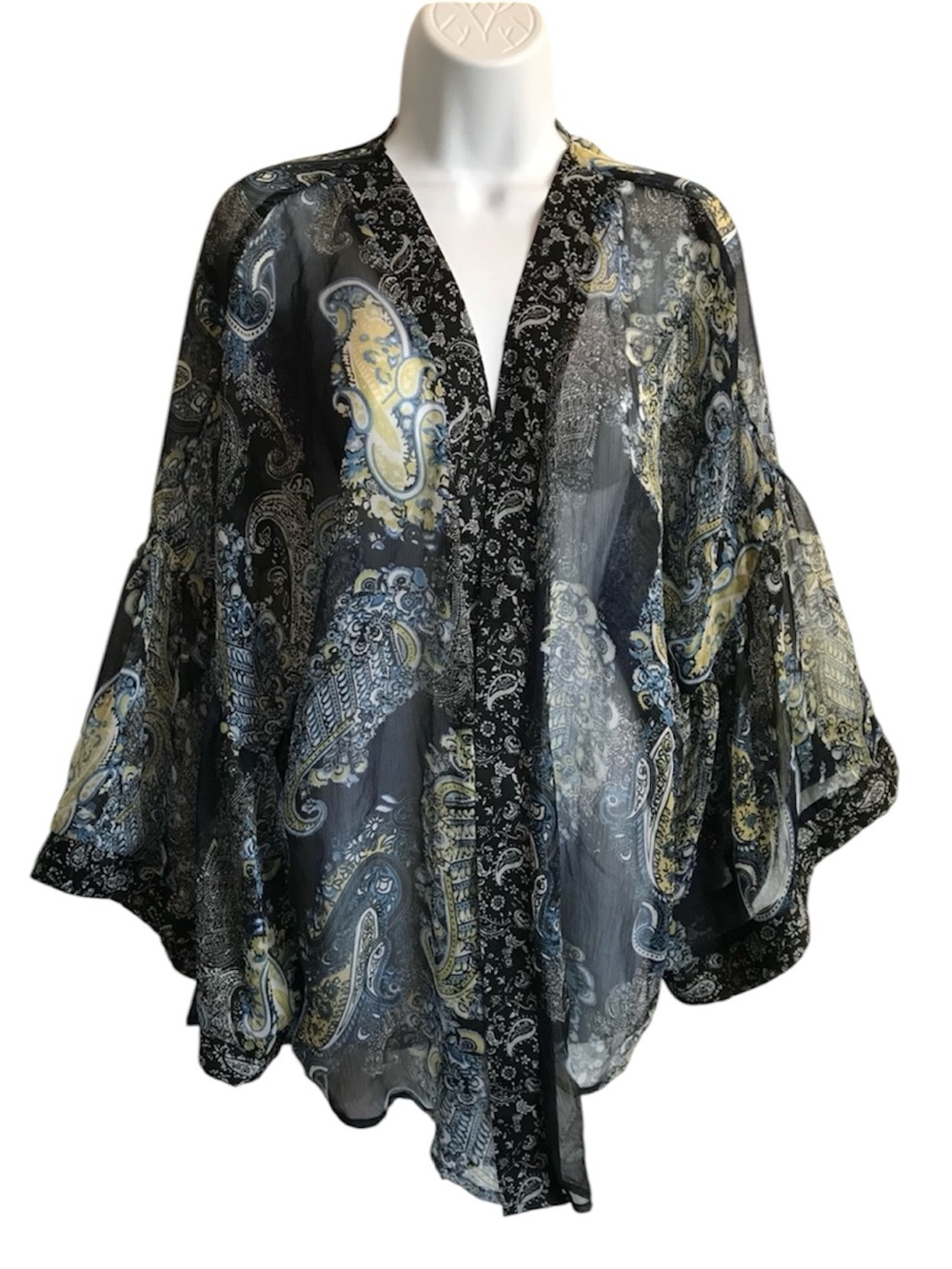🔴 4/$15 Sonoma Women’s OS Blue Yellow Sheer Paisley Open Kimono Coverup in EUC